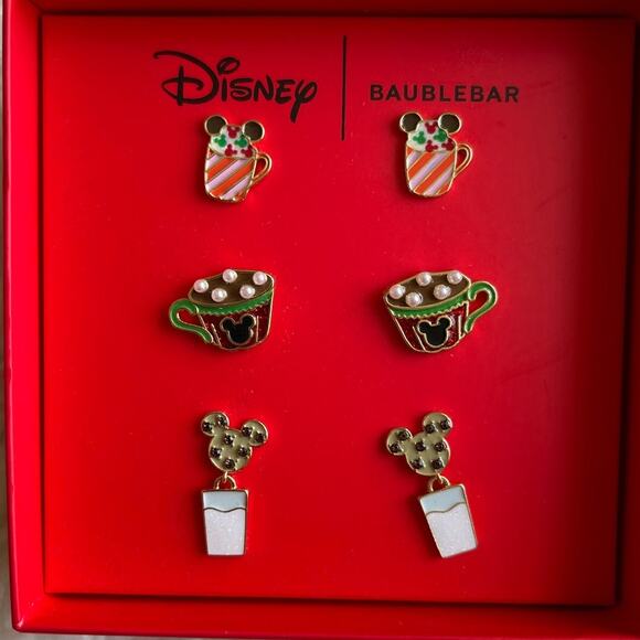 Disney Baublebar Holiday Christmas Drinks Earring Set 3 Pairs New in Box Mickey - Picture 2 of 5